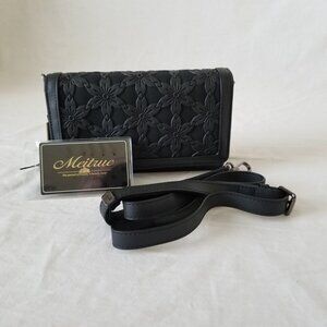 NWT! Cute Faux Leather Wallet Purse w/Floral Design & Shoulder Strap